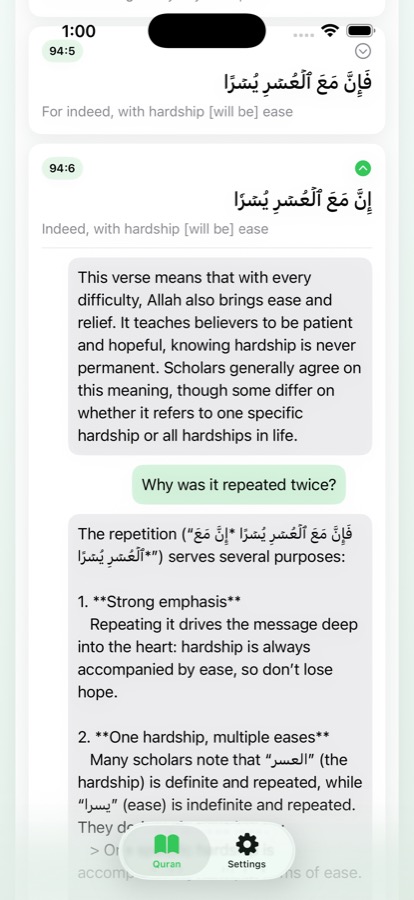 QuranGPT iPhone screen showing Surah Al-Asr and explanation